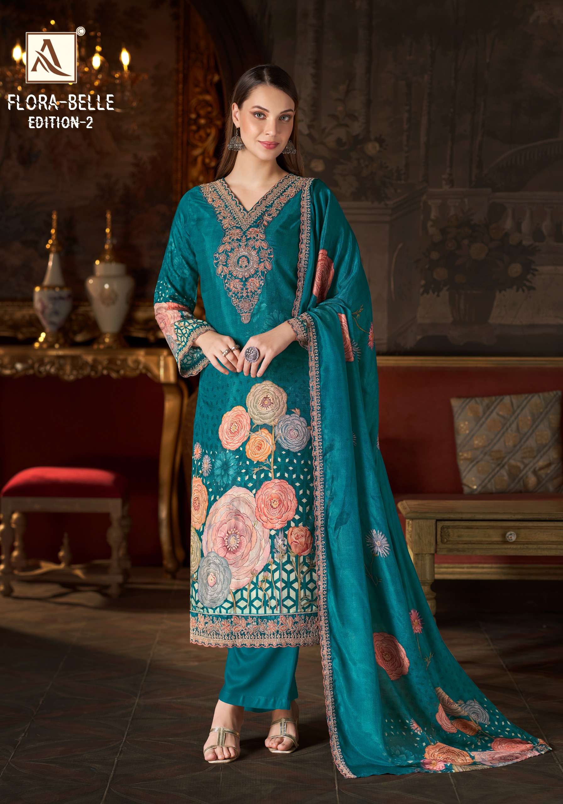 ALOK SUIT FLORA BELLE VOL 2 MASLIN DIGITAL NECK & DAMAN DRESS CATALOGUE SUPPLIER